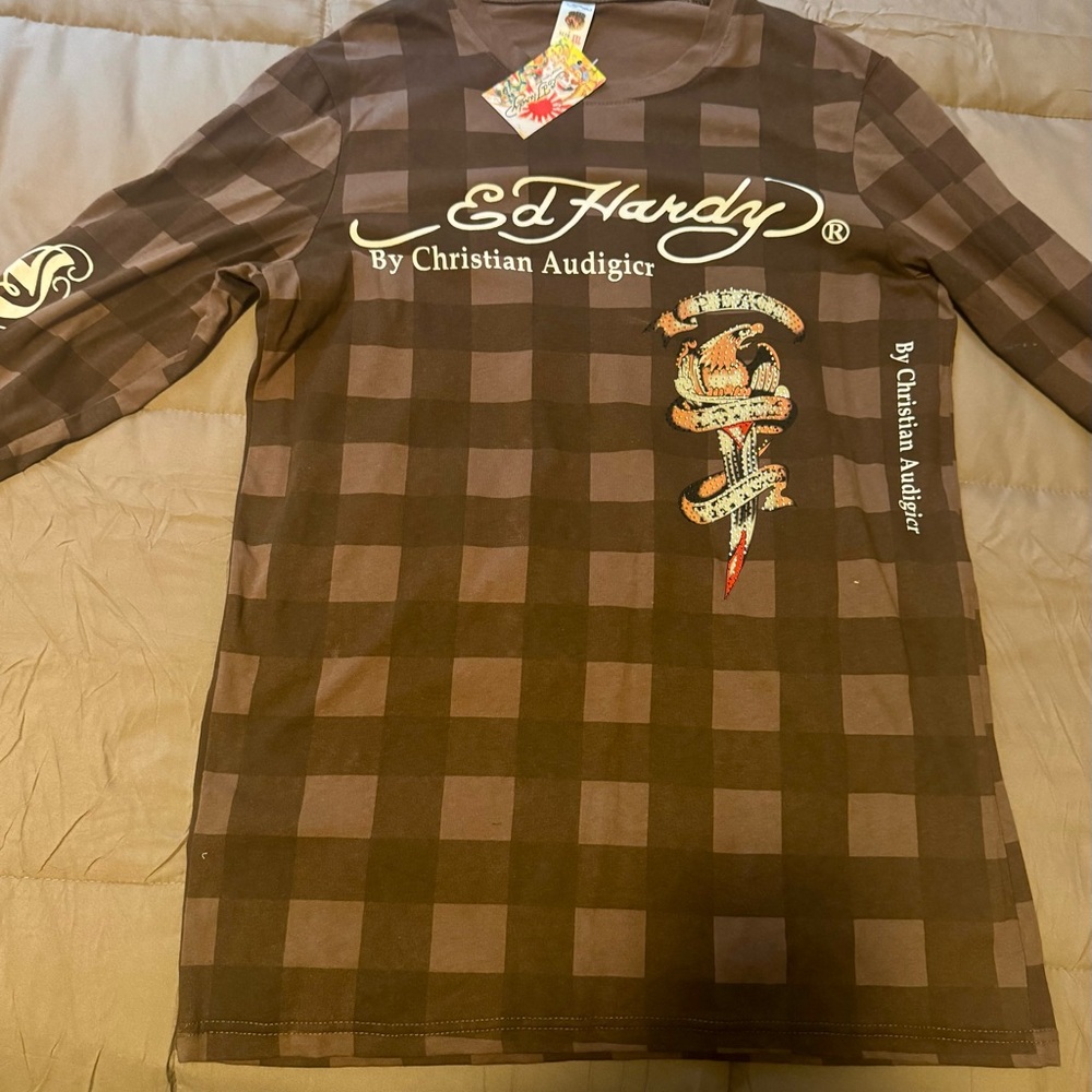 Ed Hardy Brown Checkered Long Sleeve Tee